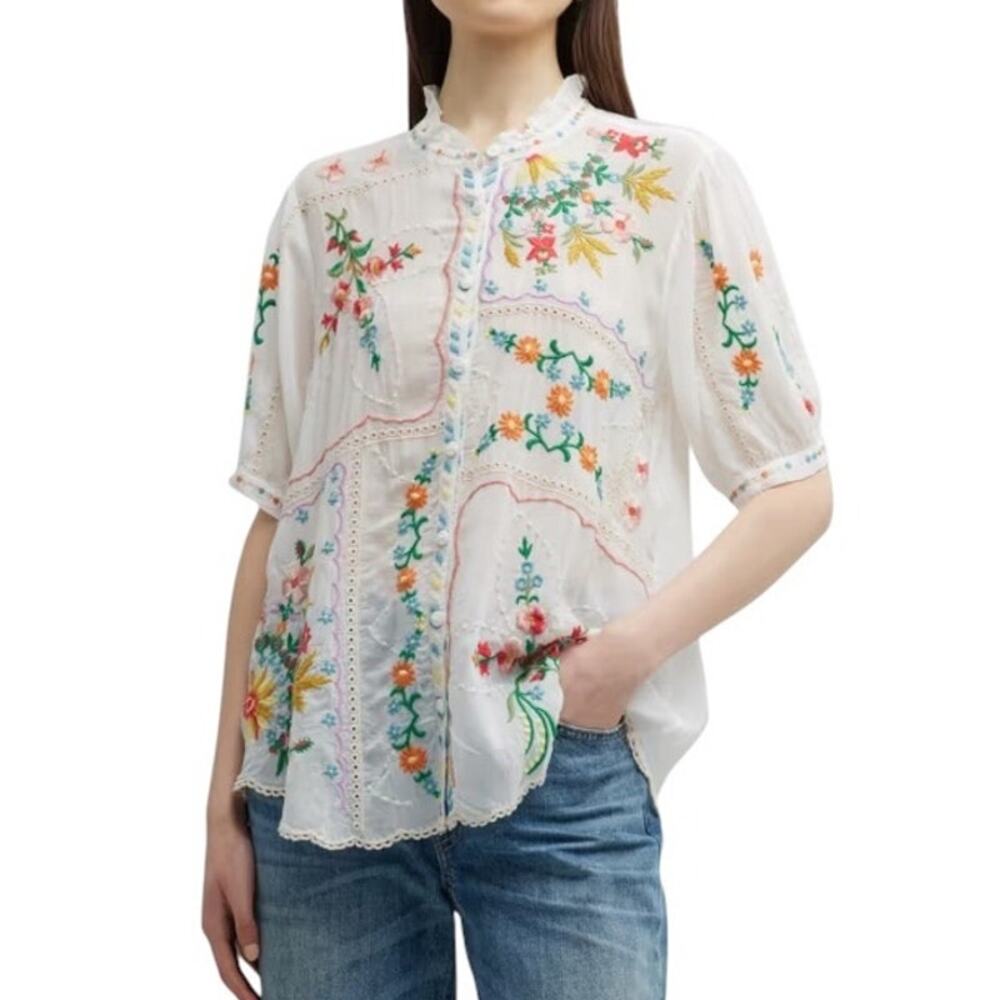 Johnny Was Mircea Blouse Semi Sheer White Floral Embroidered Plus 2X